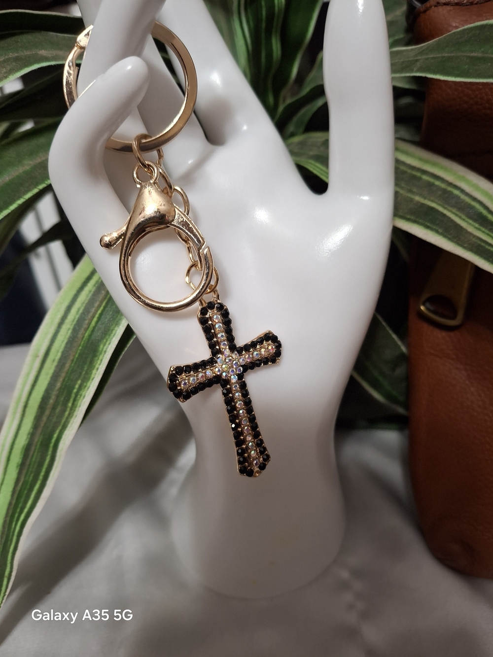 Cross Bag Charm Keychain with Black and Crystal Stones